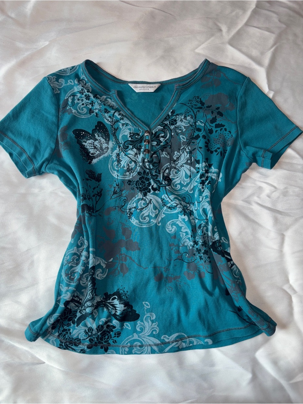 Christopher & Banks Petite Teal Butterfly Embellished Y2K Top